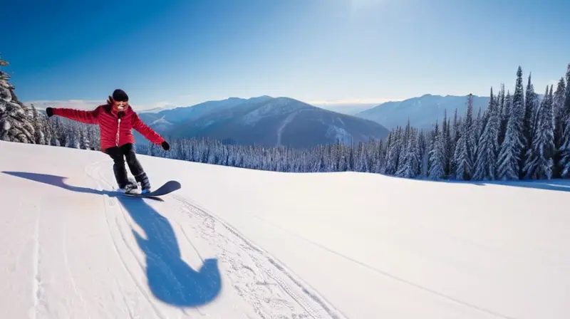 Un paisaje nevado brilla bajo el sol, con un snowskate de colores vibrantes y una figura lista para moverse entre montañas y nubes