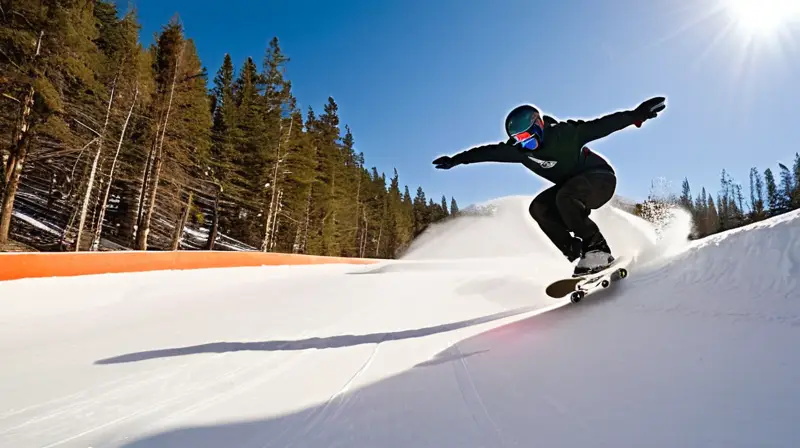 Un skater realiza acrobacias en un paisaje nevado bajo un cielo azul