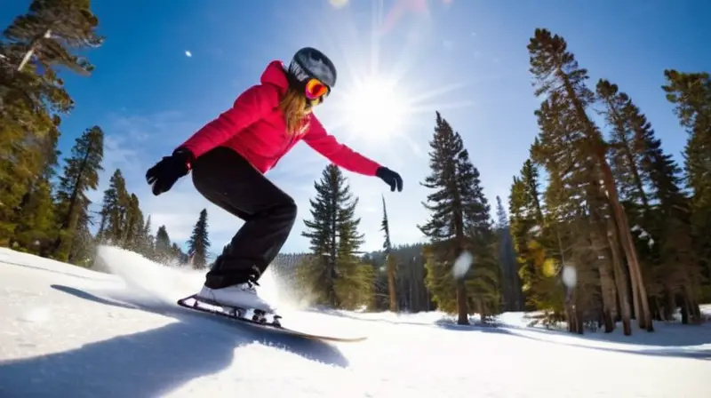 Un paisaje nevado iluminado por el sol, con un snowskate vibrante en la nieve y un rider en acción, evoca la emoción del snowskating