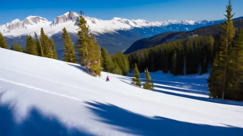 Un paisaje invernal con montañas nevadas, esquiadores en movimiento y un acogedor lodge de madera