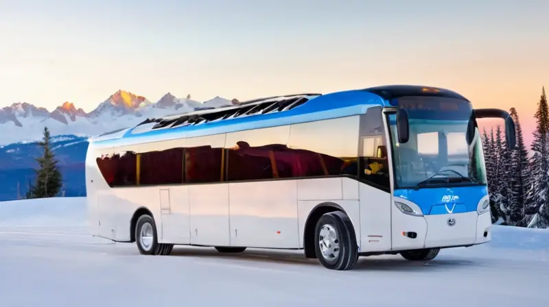 Un moderno autobús de esquí se encuentra estacionado frente a montañas nevadas, con esquiadores conversando cerca y un paisaje invernal vibrante