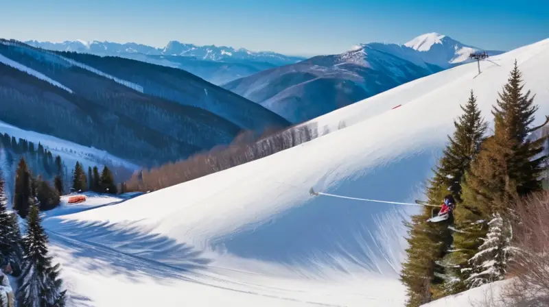 Un paisaje invernal alegre con familias esquiando en laderas cubiertas de nieve bajo un cielo azul