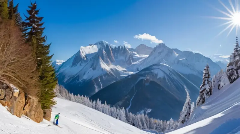 Un paisaje invernal de Mont Blanc con esquiadores en nieve fresca, cumbres majestuosas y un ambiente vibrante