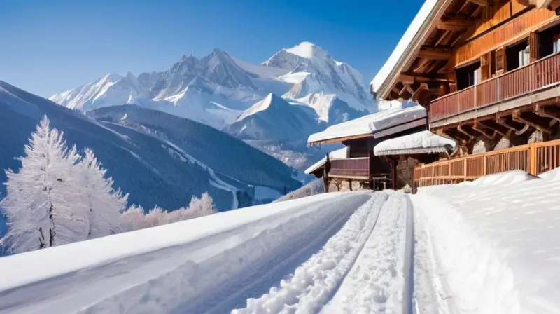 Un paisaje invernal de Mont Blanc con esquiadores en nieve fresca, chalets de madera y un cielo azul brillante