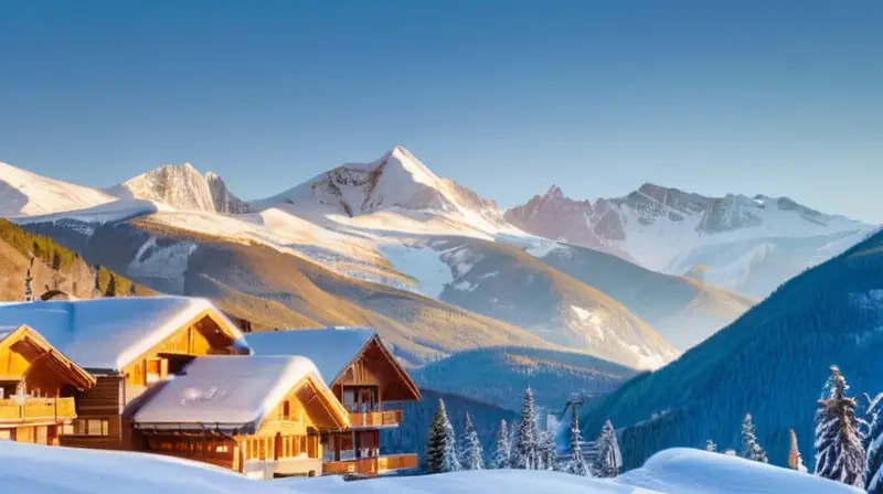 Un paisaje invernal con montañas nevadas, pinos verdes, esquiadores en acción y acogedoras cabañas de madera