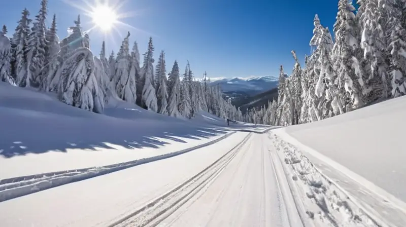 Un paisaje nevado con esquiadores en movimiento, árboles verdes cubiertos de nieve y montañas brillando bajo un cielo azul