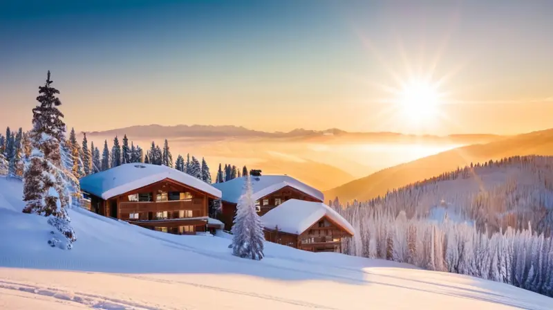 Un paisaje invernal vibrante y sereno, con esquiadores en acción, montañas distantes y cabañas acogedoras bajo un cielo azul