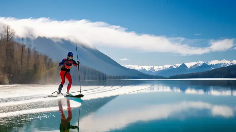 Un esquiador en un lago soleado y vibrante