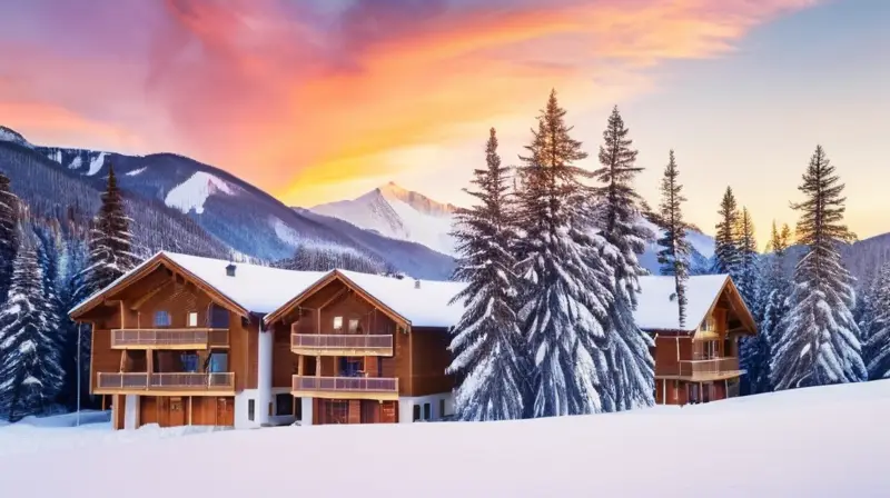 Una escena invernal vibrante con montañas nevadas, familias esquiando y chalets acogedores bajo un cielo azul