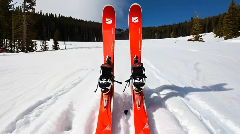 Un par de esquís Rossignol Soul 7 rojos y negros descansa en la nieve profunda bajo un cielo azul, rodeado de pinos y un ambiente de aventura