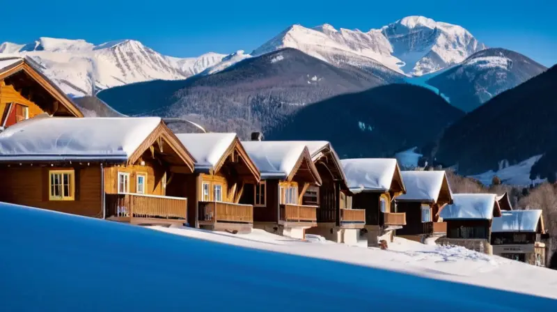 Un paisaje invernal vibrante con montañas nevadas, familias esquiando y chalets acogedores bajo un cielo azul