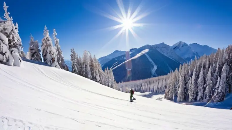 Un paisaje invernal de montañas cubiertas de nieve, esquiadores coloridos y familias disfrutando del aire fresco y el sol