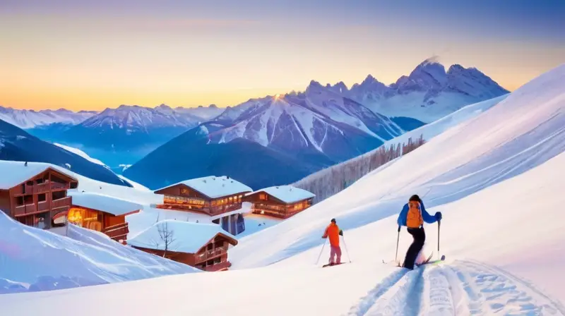 Un vibrante y animado resort de esquí con montañas nevadas, esquiadores felices, chalets acogedores y un cielo azul brillante