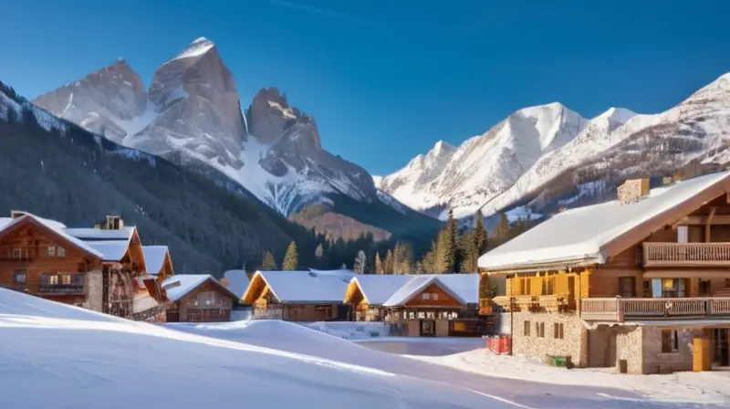 Un paisaje invernal de montañas nevadas, esquiadores coloridos y cabañas acogedoras bajo un cielo azul