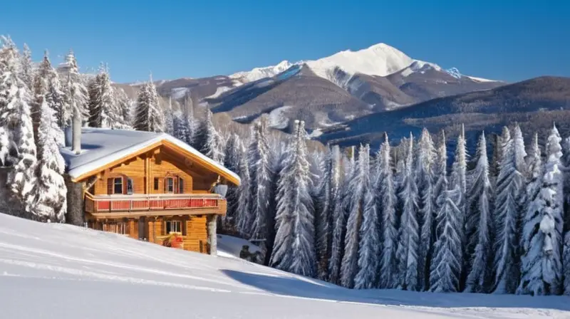 Un paisaje invernal vibrante y acogedor, con esquiadores, cabañas humeantes y montañas cubiertas de nieve bajo un cielo azul