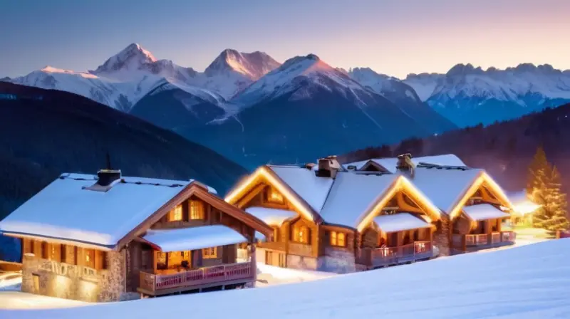 Un paisaje invernal de montañas nevadas, esquiadores felices y acogedoras cabañas en un ambiente vibrante