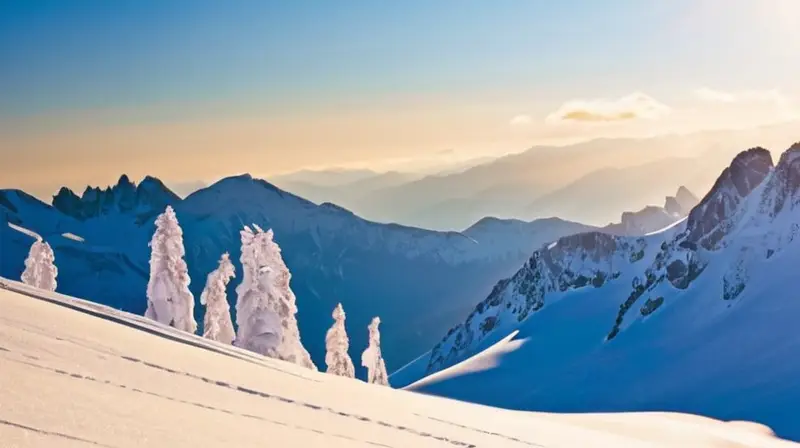 Un paisaje alpino invernal con montañas nevadas, esquiadores en acción y un ambiente vibrante