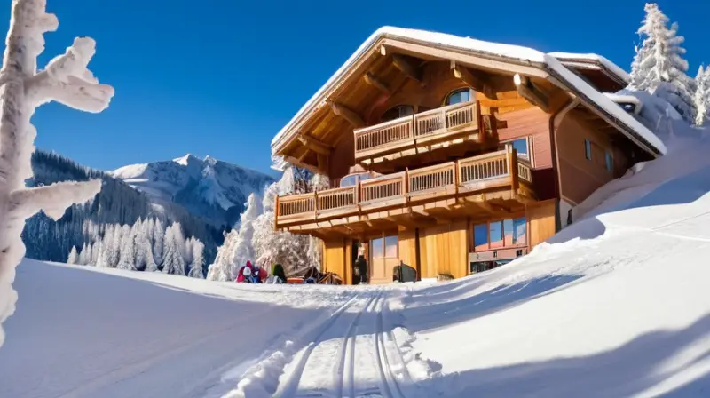 Un paisaje invernal vibrante con esquiadores y snowboarders en laderas nevadas, chalets acogedores y un ambiente lleno de emoción