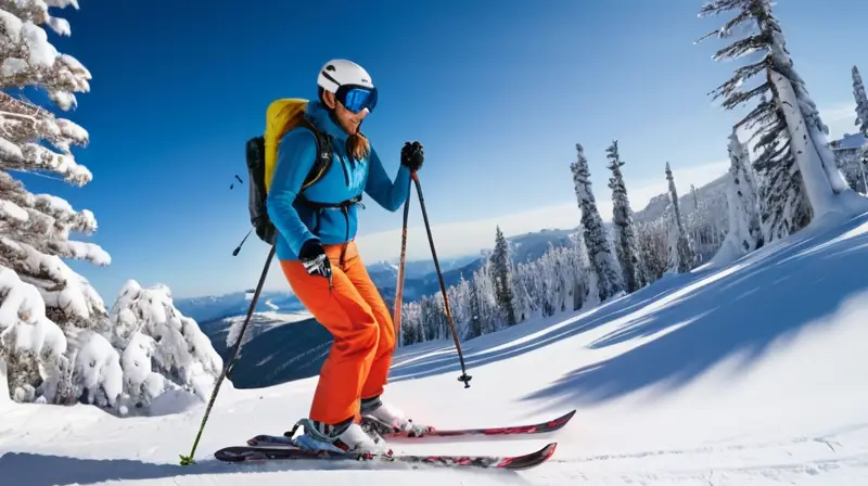 Un esquiador con exoesqueleto moderno se desliza por una montaña nevada bajo un cielo azul, creando huellas en la nieve mientras el sol brilla sobre el paisaje