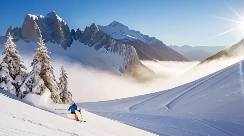 Un paisaje invernal de montañas nevadas, esquiadores en acción y chalets acogedores bajo un cielo azul