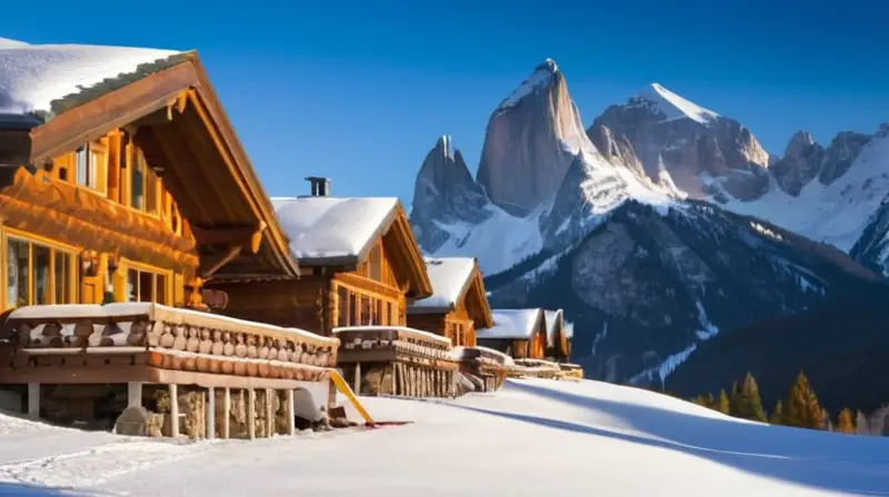 Montañas nevadas con esquiadores en acción, chalets acogedores y un paisaje vibrante bajo un cielo azul