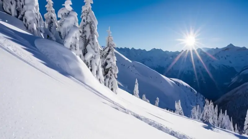 Un paisaje alpino cubierto de nieve muestra picos majestuosos, esquiadores en acción y acogedoras cabañas en un entorno de aventura y tranquilidad