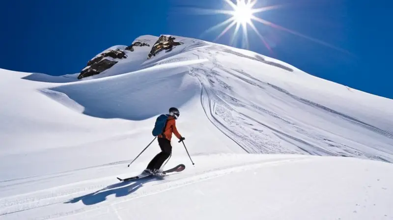 Un paisaje montañoso nevado con esquiadores y snowboarders en acción bajo un cielo azul