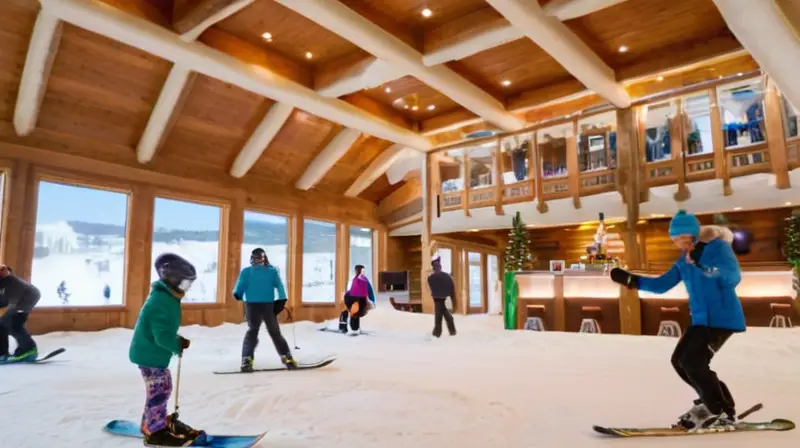 Un parque de nieve interior vibrante con esquiadores y familias disfrutando en un ambiente iluminado y acogedor