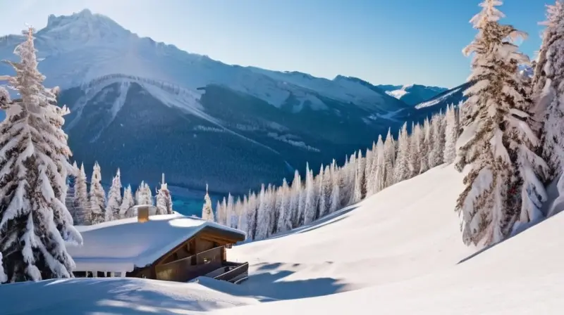 Un paisaje invernal con montañas nevadas, esquiadores coloridos, pinos cubiertos de nieve y cabañas acogedoras