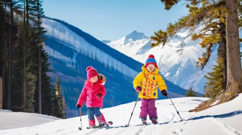 Un paisaje invernal alegre con niños jugando en la nieve, esquiando y construyendo un fuerte, rodeados de montañas y un acogedor refugio de madera