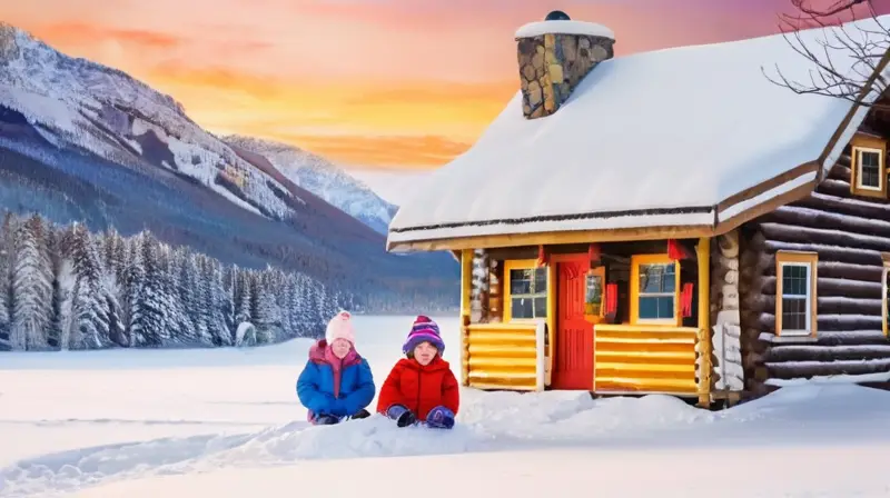 Un paisaje invernal con niños jugando en la nieve, risas, un acogedor cabaña y un ambiente alegre