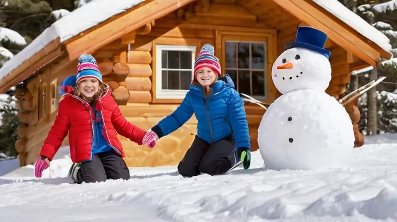 Niños jugando en la nieve con coloridos trajes, risas y un ambiente festivo en un paisaje invernal