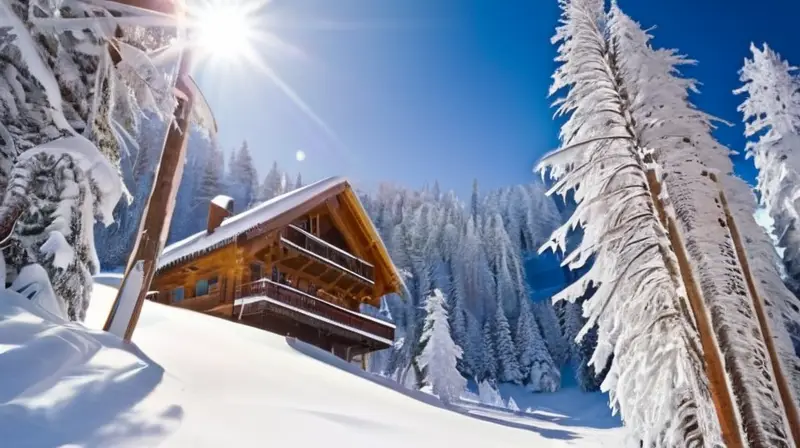 Un paisaje invernal vibrante con esquiadores en acción, cumbres nevadas y cabañas acogedoras bajo un cielo azul