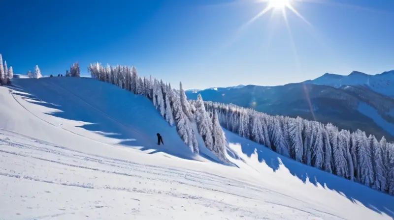 Un paisaje invernal vibrante con pistas de esquí, esquiadores, montañas y un cielo azul