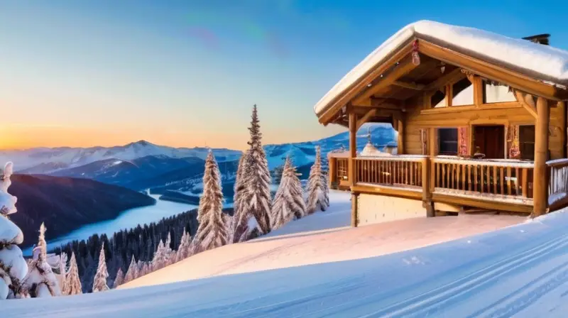 Un paisaje invernal vibrante con montañas nevadas, esquiadores, chalets rústicos y un ambiente festivo lleno de risas y buena comida