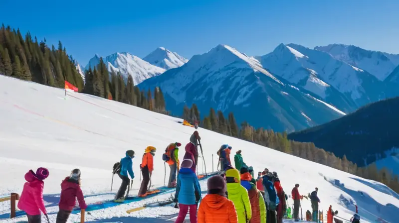 Un vibrante paisaje invernal con esquiadores y snowboarders disfrutando en laderas nevadas bajo un cielo azul