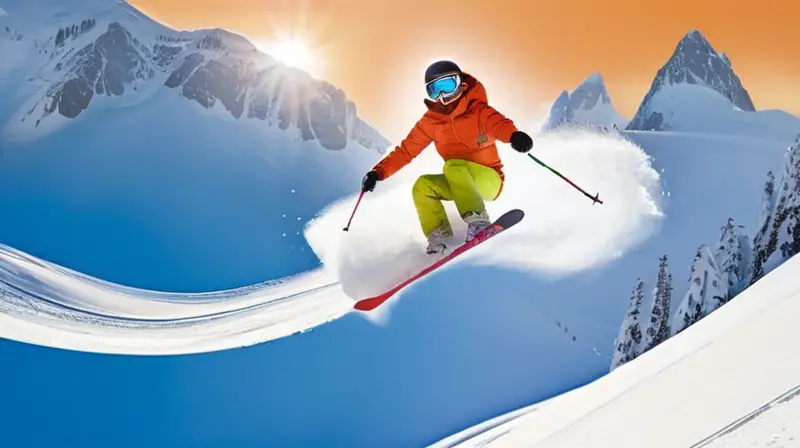 Un animado paisaje invernal con esquiadores y snowboarders en acción, bajo un cielo azul y soleado