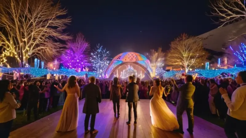 Un vibrante festival nocturno con luces coloridas, una multitud diversa bailando y un ambiente lleno de energía y alegría