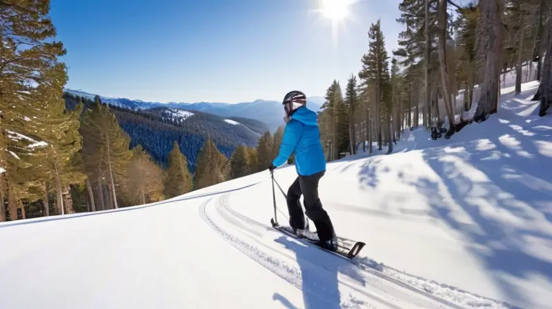 Un paisaje montañoso nevado con un snowscoot brillante y un rider en movimiento, rodeado de árboles y luz solar