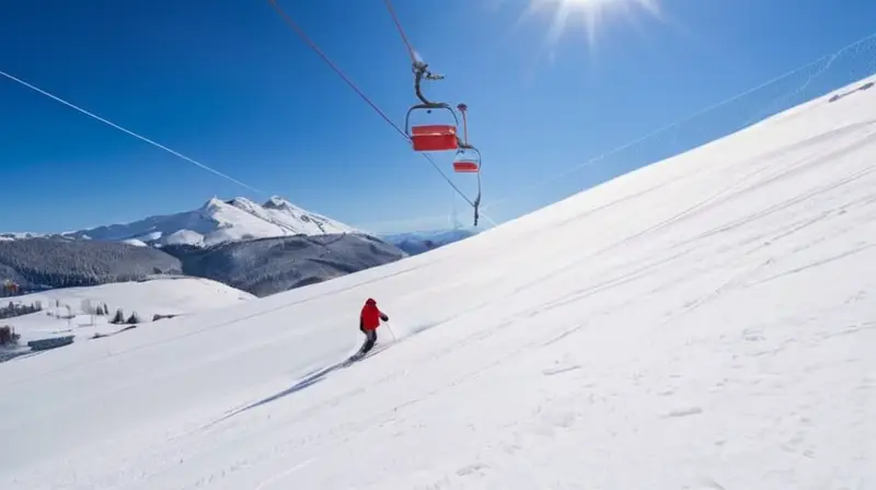 Un esquiador con chaqueta roja se desliza por una montaña nevada bajo un cielo azul, rodeado de árboles y esquiadores, creando una escena vibrante y dinámica