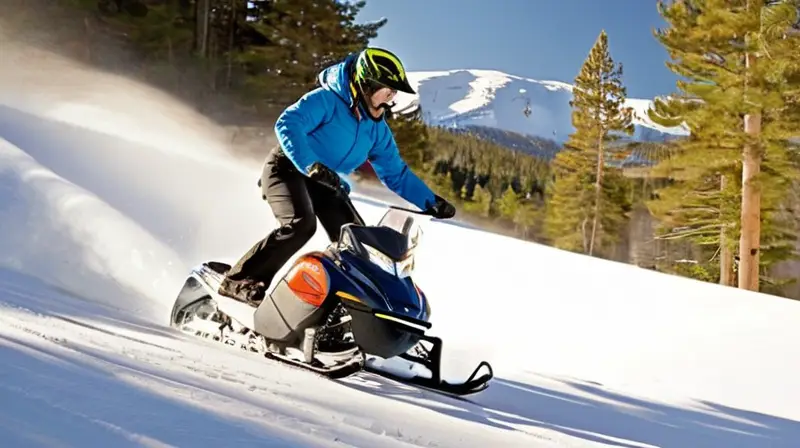 Un paisaje montañoso nevado con un snowscoot negro y un rider en acción, rodeado de árboles y nieve brillante bajo un cielo azul