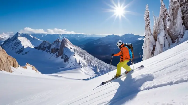 Un paisaje montañoso cubierto de nieve brilla bajo el sol, con esquiadores y splitboards en un entorno de aventura y tranquilidad