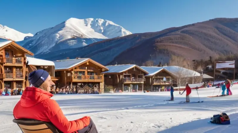 Un animado resort de esquí con montañas nevadas, un cielo azul, esquiadores coloridos y un ambiente acogedor