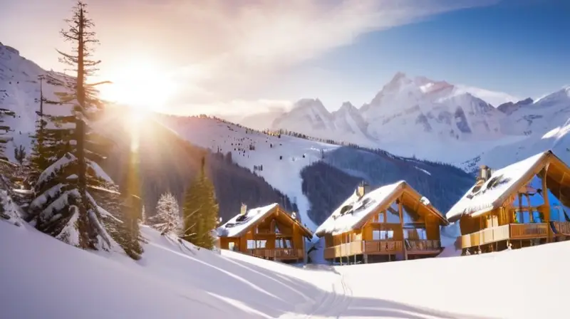 Montañas nevadas con esquiadores vibrantes en un paisaje de luz y aventura