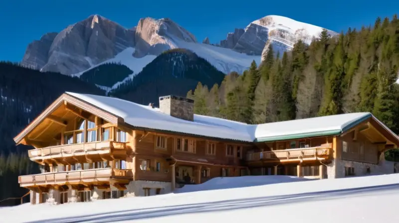 Un paisaje invernal con montañas nevadas, pinos cubiertos de blanco, esquiadores en acción y un acogedor lodge rústico