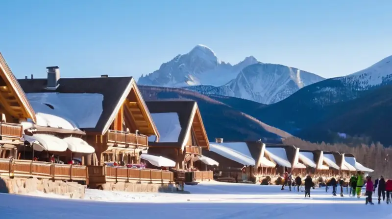 Un bullicioso y acogedor resort de esquí con montañas nevadas