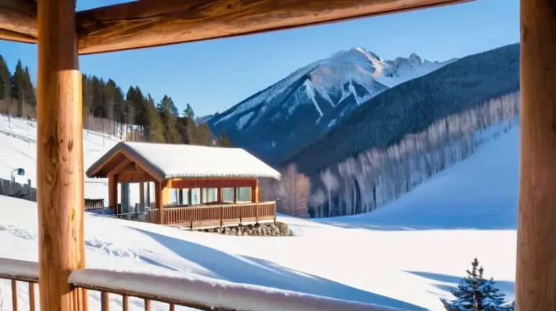 Un paisaje invernal de montañas nevadas, cielo azul, esquiadores en colorido equipo y cabañas rústicas que emanan calidez