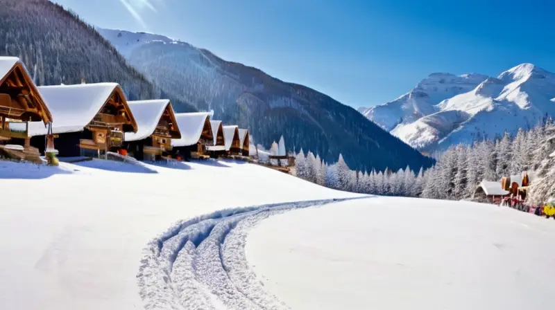 Montañas nevadas, cielo azul, esquiadores en colorido equipo, cabañas de madera entre pinos y un ambiente vibrante de après-ski