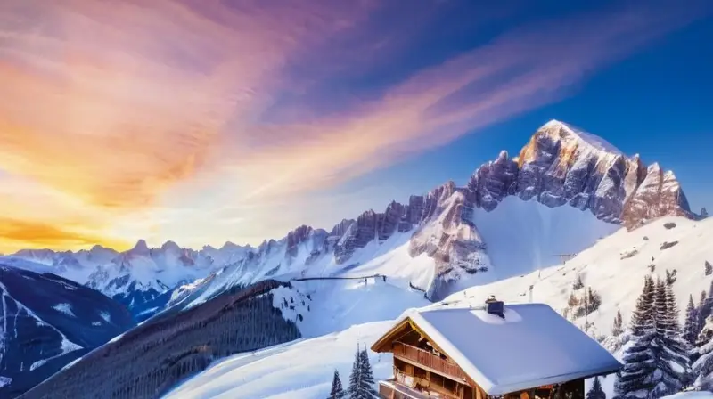 Un paisaje invernal de montañas nevadas, esquiadores en acción y acogedoras cabañas en un animado resort de esquí