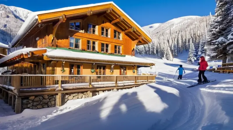 Un paisaje alpino nevado y acogedor, lleno de familias disfrutando del invierno y esquiadores en un ambiente festivo